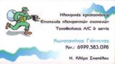 ΓΙΑΝΝΕΝΑΣ ΚΩΝΣΤΑΝΤΙΝΟΣ – ΗΛΕΚΤΡΟΛΟΓΟΣ ΗΛΕΚΤΡΟΛΟΓΙΚΗ ΕΓΚΑΤΑΣΤΑΣΗ ΕΠΙΣΚΕΥΕΣ ΗΛΕΚΤΡΙΚΩΝ ΣΥΣΚΕΥΩΝ – ΣΚΟΠΕΛΟΣ ΜΑΓΝΗΣΙΑΣ