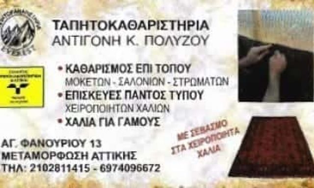 ΤΑΠΗΤΟΚΑΘΑΡΙΣΤΗΡΙΟ ΑΧΑΡΝΕΣ ΑΤΤΙΚΗΣ-ΠΟΛΥΖΟΥ ΑΝΤΙΓΟΝΗ