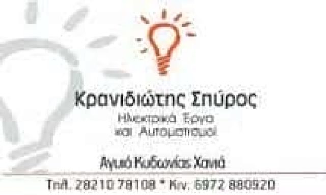 ΚΡΑΝΙΔΙΩΤΗΣ ΣΠΥΡΙΔΩΝ – ΗΛΕΚΤΡΟΛΟΓΟΣ ΗΛΕΚΤΡΟΛΟΓΙΚΕΣ ΕΓΚΑΤΑΣΤΑΣΕΙΣ – ΧΑΝΙΑ ΚΡΗΤΗ